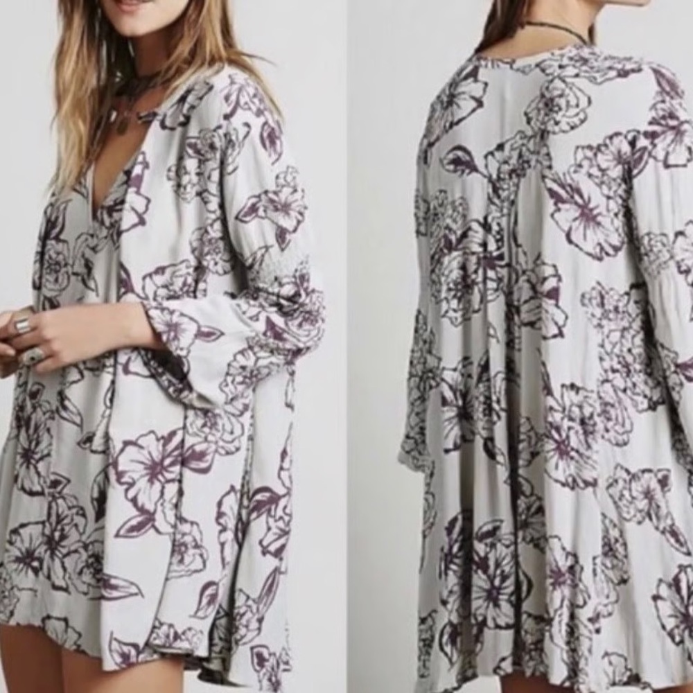 Free People | Lost In You Tunic Dress Floral Size XS Gray Tree Swing Keyhole - Picture 2 of 9